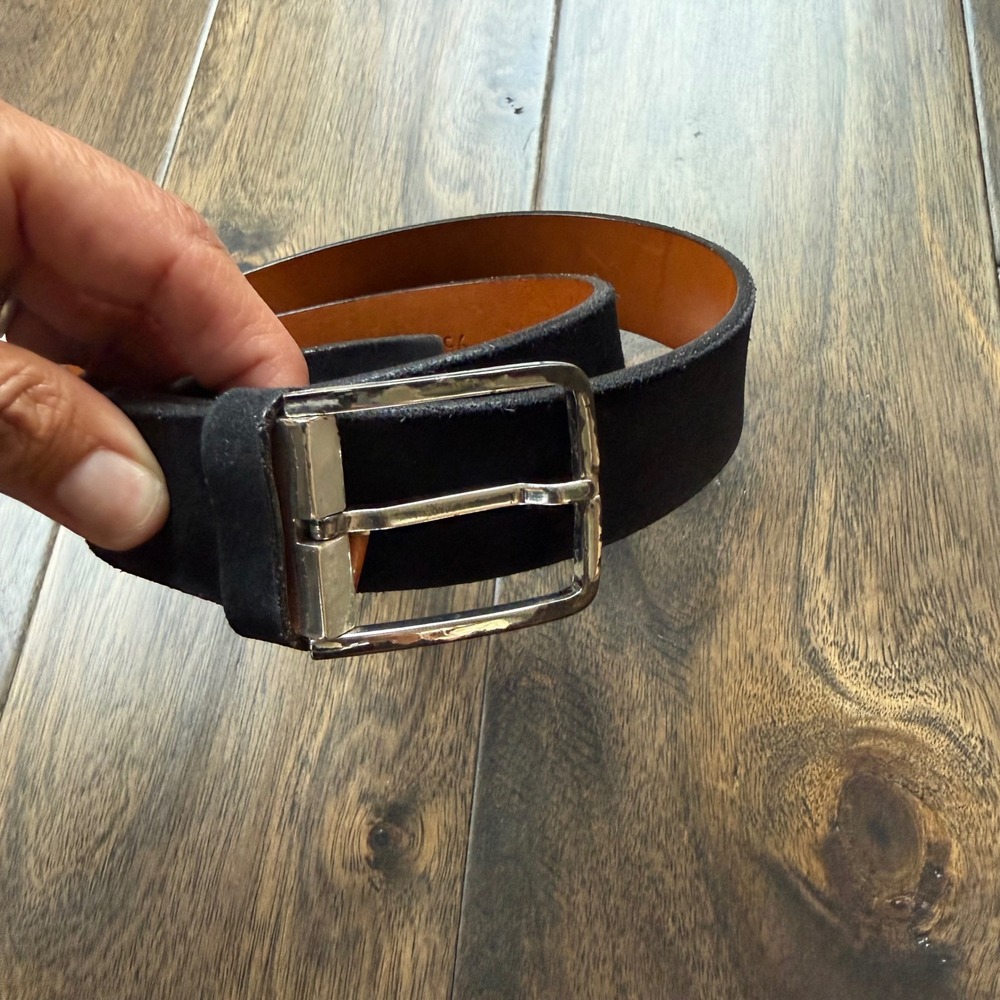 Frank Daniel Belt Mens 38 Black Excellent Italian Suede Leather Silver Buckle